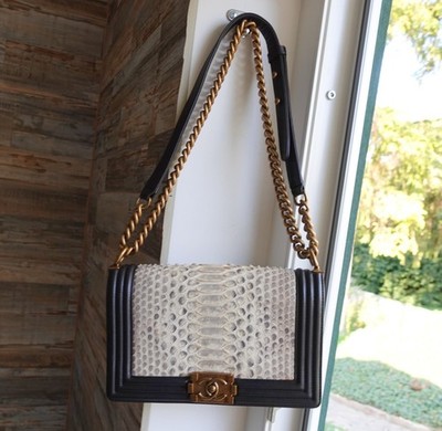 CHANEL BAG logo leather made in france black beige python snake boybag boy