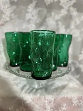 Blenko Vintage Handblown Glass Pinched Dimpled Tumblers Set of 11, Green