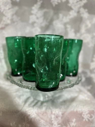 Blenko Vintage Handblown Glass Pinched Dimpled Tumblers Set of 11, Green