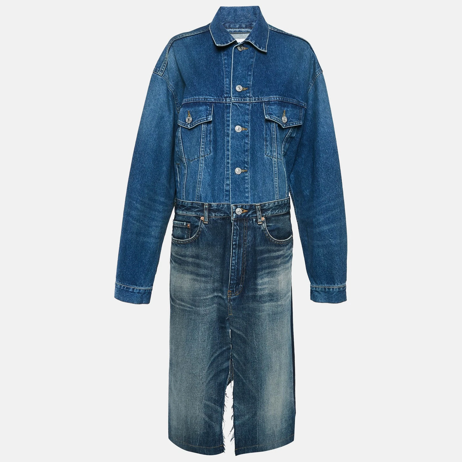 Abito midi Balenciaga blu denim grezzo dettaglio spacco M