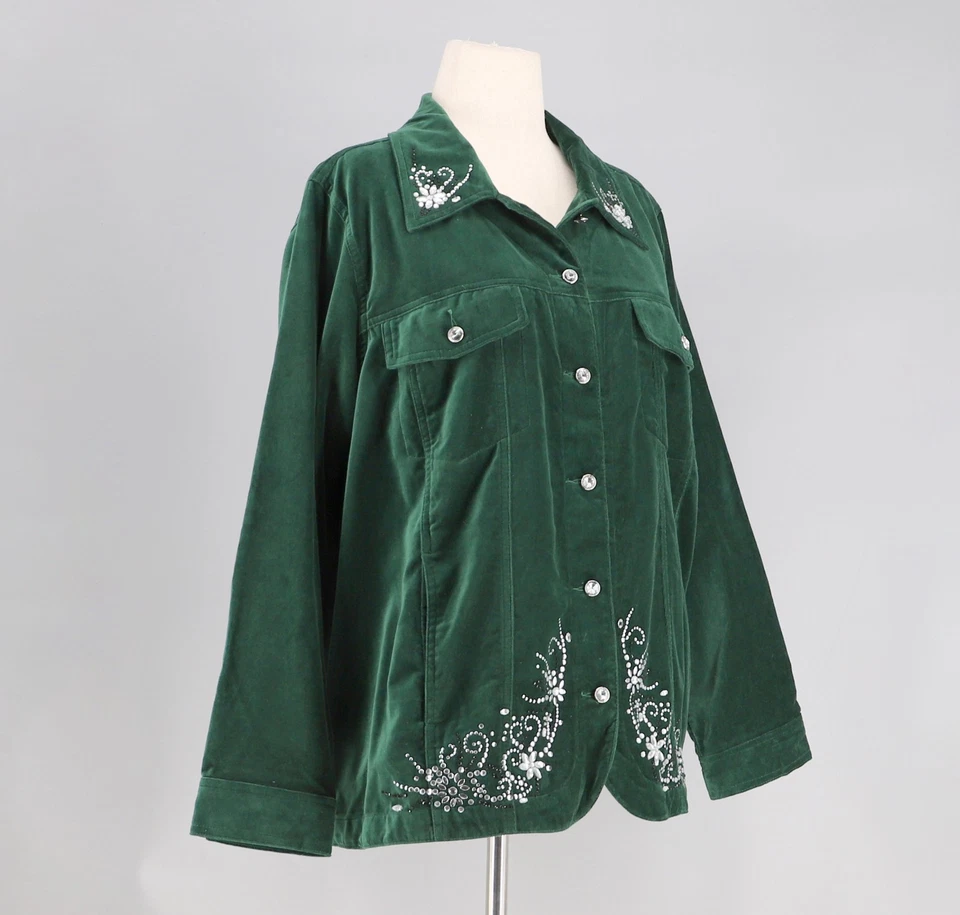 NWT QUACKER FACTORY Green Embellished Velvet Jacket Size 1X - Image 2 of 4