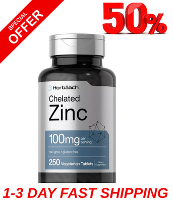 Chelated Zinc Supplement 100mg | 250 Tablets | High Potency | by Horbaach