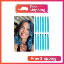 12PCS Sky Blue Clip In Hair Extensions 22 Inch Long Straight Heat Resistant Synt