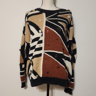 Vintage IB Diffusion Earthtones Button accent colorblock Mudcloth Style Sweater