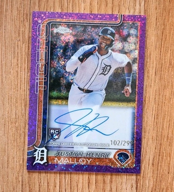 Justyn-Henry Malloy RC 2025 Topps Chrome Rookie Auto Purple Speckle /299 Tigers