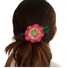 Handmade Beaded Flower Hair Clip with Leaves   Pink yellow green