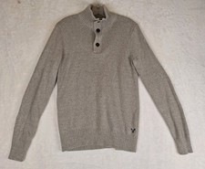 American Eagle Athletic Fit Sweater Mens Small 1/4 Zip Button Mock Neck Tan EUC