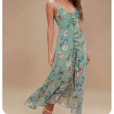 ASTR The Label Dress Women Medium Sage Green Floral Ruffle Maxi Slit Romantic