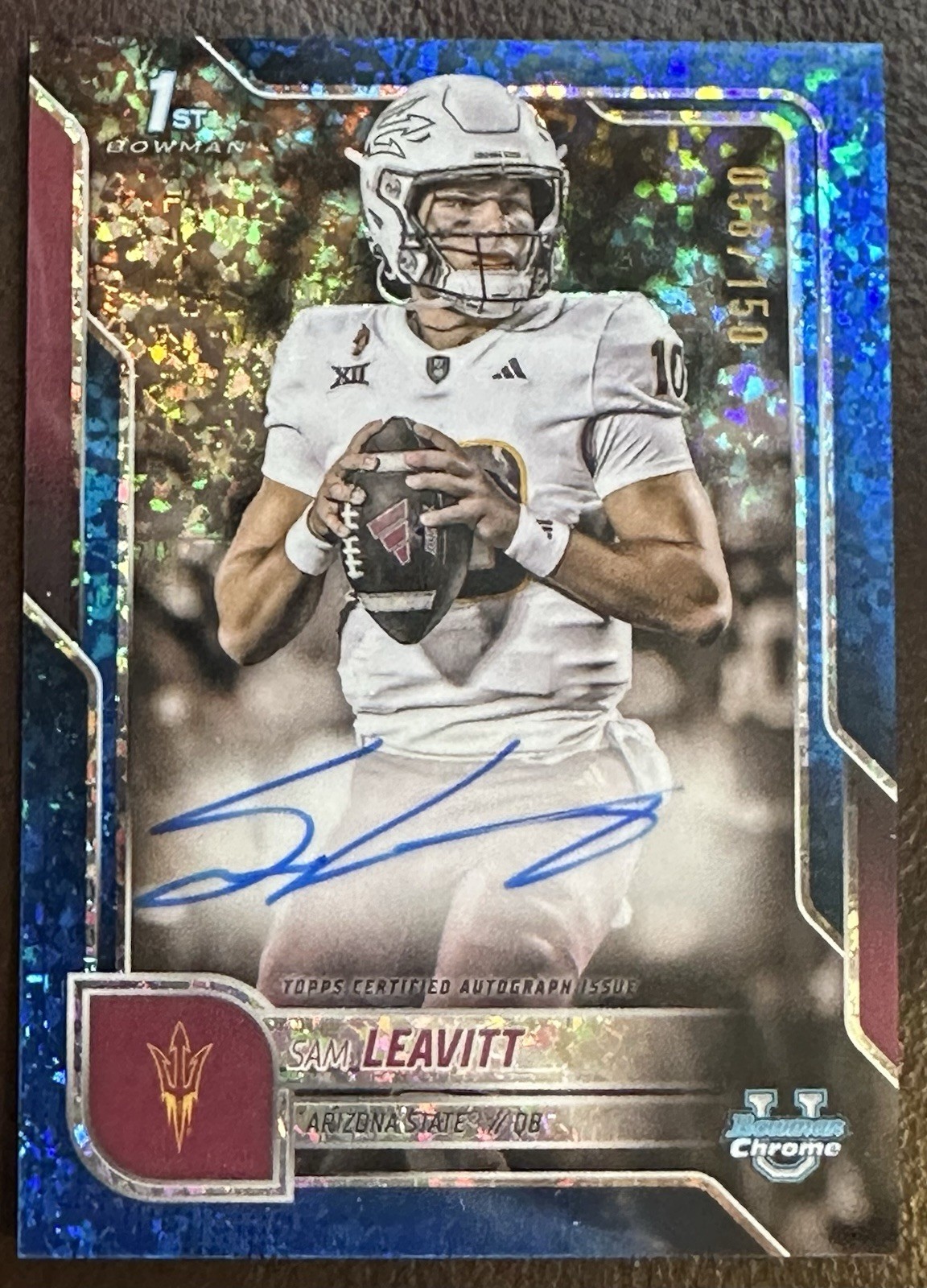 2025 Bowman Chrome University Sam Leavitt Blue Mini Diamond 1st Auto #/150 ASU