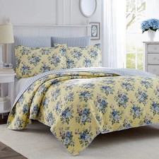 Laura Ashley Linley Yellow Blue Cottage Floral Quilt/Sham Set Full Queen