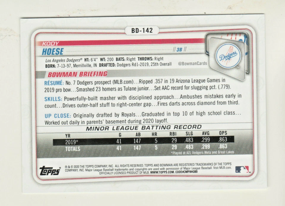 2020 Bowman Draft 1st EDITION #BD-142 KODY HOESE RC Rookie Los Angeles Dodgers - Image 2 of 2