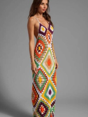 white christmas dresses Vintage Granny Square Hand Crochet Maxi Dress – LUNARITY GARAGE main image 1