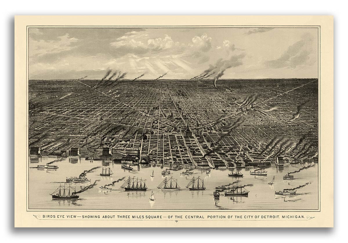 Detroit Michigan 1889 Historic Panoramic Town Map - 24x36