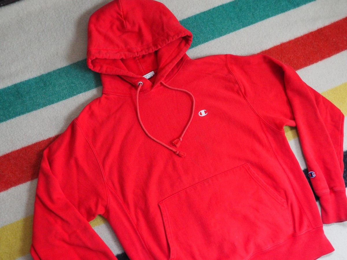 Y2k 2000s CHAMPION Reverse Weave Red Blank Logo Hoodie Sweatshirt