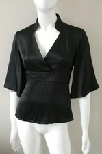 SHANGHAI TANG black silk satin blouse top wing sleeves oriental mandarin US4 UK8