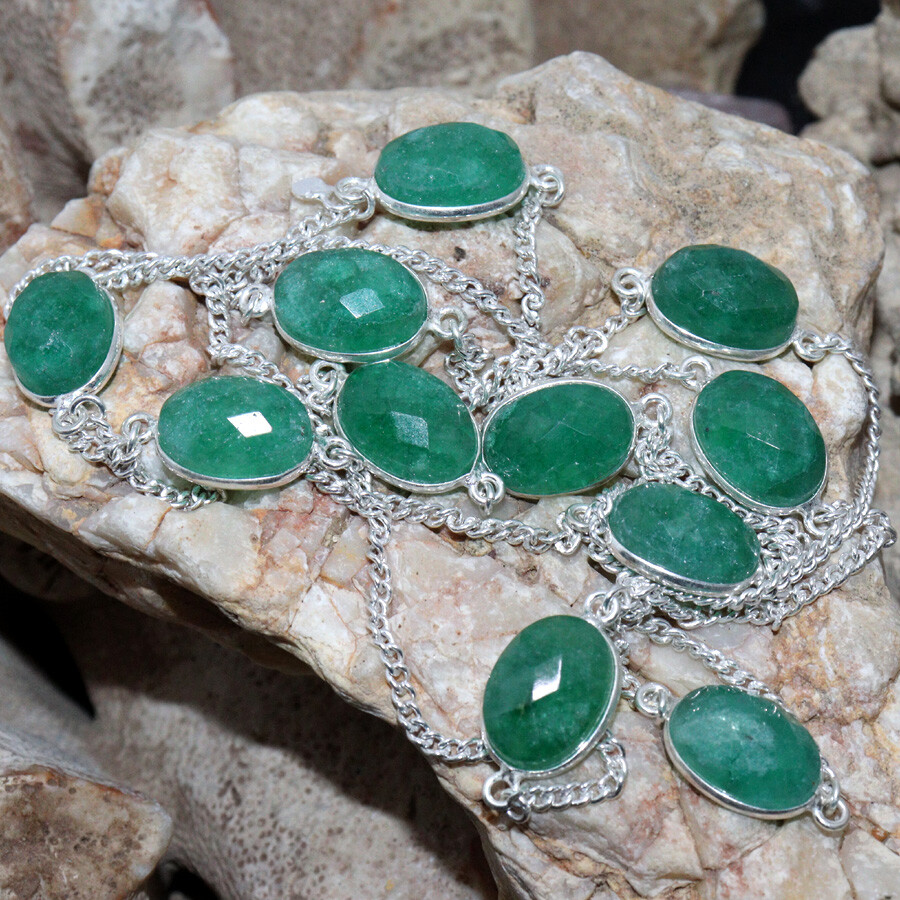 Simulated Emerald Gemstone 925 Silver Necklace 36 Inches Jewelry Gift JW925