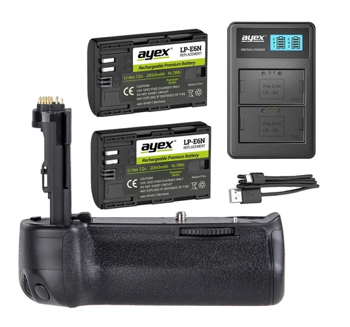 ayex Batteriegriff für Canon EOS 70D 80D 90D ink 2x LP-E6 Akku + USB Ladegerät