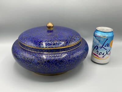 Cloisonne Bowl 10'' With Lid Blue Lotus Flowers Vintage Lidded Box Bowl Canister