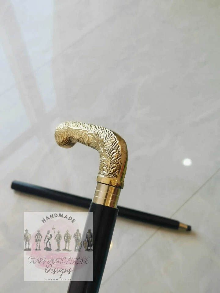 Antique Brass Designer Handle Vintage Walking Cane Wooden Walking Stick Men's - Image 2 of 4