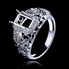 Sterling Silver 925 Semi Mount 6x9mm Emerald Diamonds Wedding Ring Prong Setting