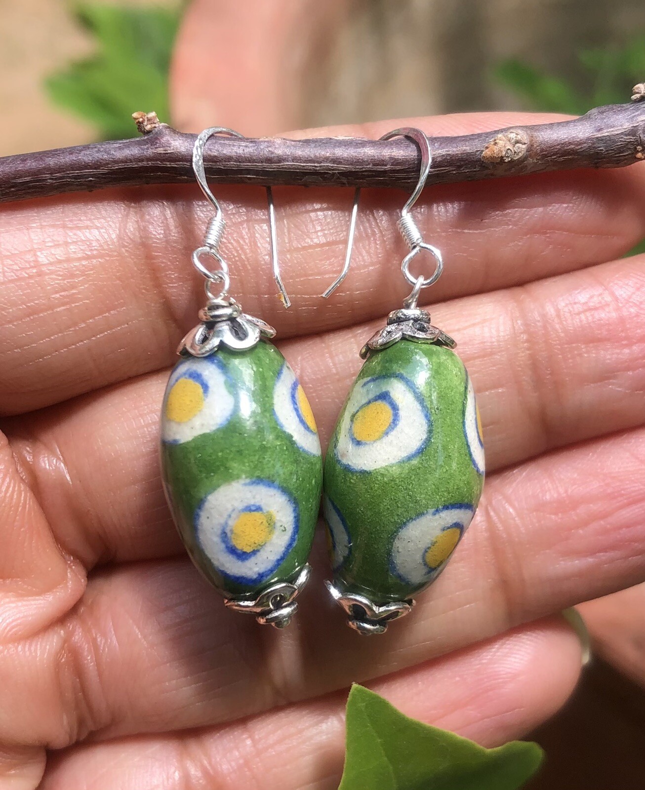 Pendientes colgantes de plata de ley 925 y cerámica azul Jaipur joyería, 40 m...