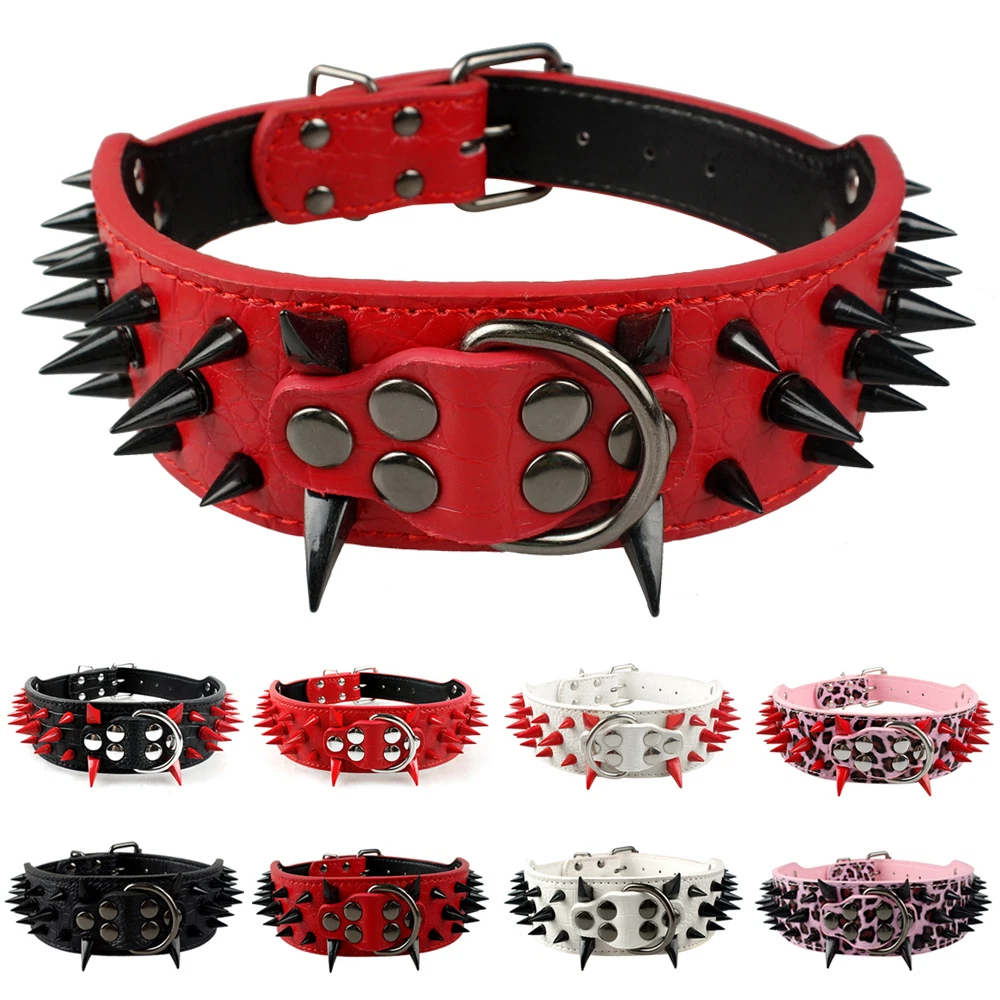 Padded Leather Spiked Studded Dog Collar for Medium Large Dogs Pitbull  Bulldog