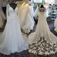 Long Sleeve Wedding Dresses Applique A Line Lace V Neck Elegant Sweep Train