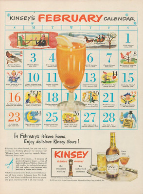 1947 Kinsey Whiskey February Calendar Enjoy Delicious Kinsey Sours Vtg Print Ad
