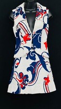 Vintage 1970s white mini skirt vest top dress suit outfit set, red blue XS