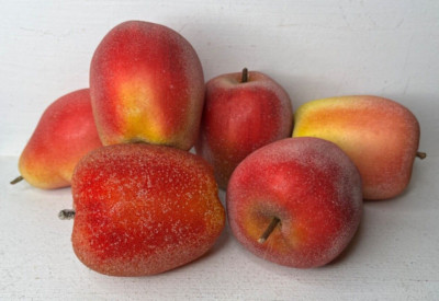 Lot of 6 Artificial Faux Beaded Sugar Frosted Apples & Pear Vintage EXCELLENT