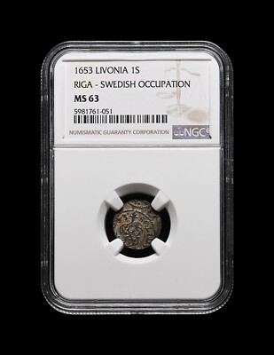 LIVONIA. 1653, Schilling, Silver - NGC MS63 - Christina, Solidus