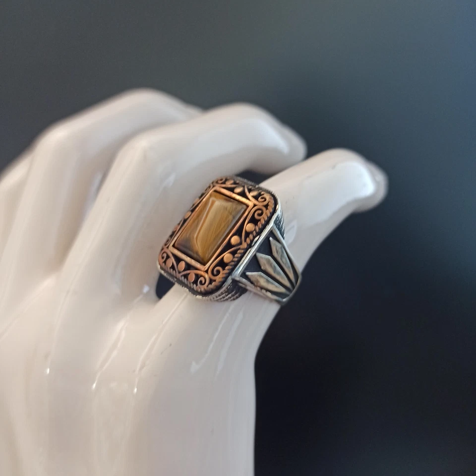 Мужское винтажное кольцо тигровый глаз ретро серебро 925 ар-деко возрождение 10,5 заявление - Изображение 2 из 4
