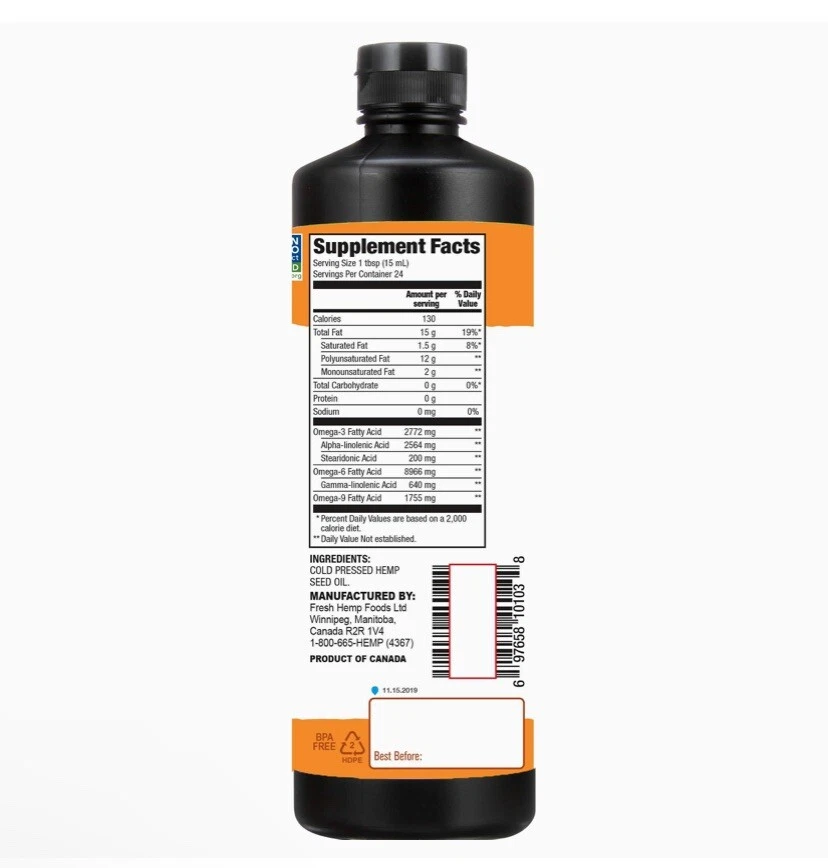1 Hemp Seed Oil Cold Pressed Omega 3-6-9 Vegan Unrefined NONE GMO Manitoba 12 oz - Image 3 of 4