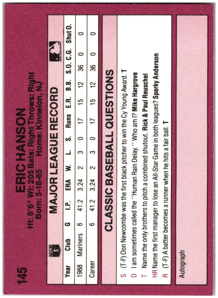 1989 Classic Travel Orange Rookie RC #145 Erik Hanson - Free Shipping - Image 2 of 2