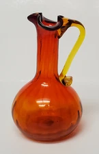 Vintage Amberina Glass Pitcher Bud Vase 4.5" High Fluted Edge Yellow Handle