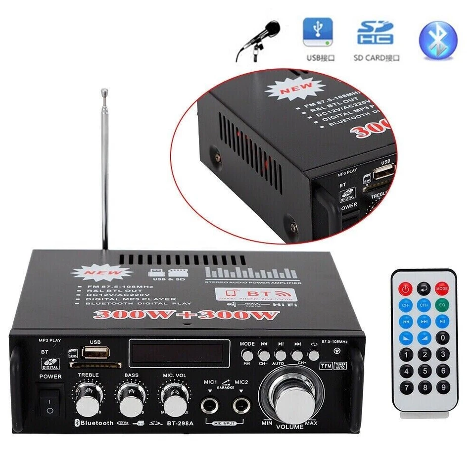 600W 12V Mini Bluetooth Hi-Fi Stereo Audio Amplificatore Digitale FM MP3 - 298BT - Immagine 2 di 4