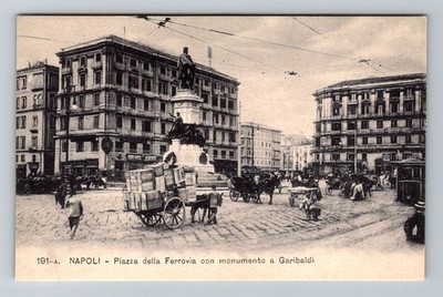 Italy- Naples Railway Square And Monument To Garibaldi Old View Vintage Postcard