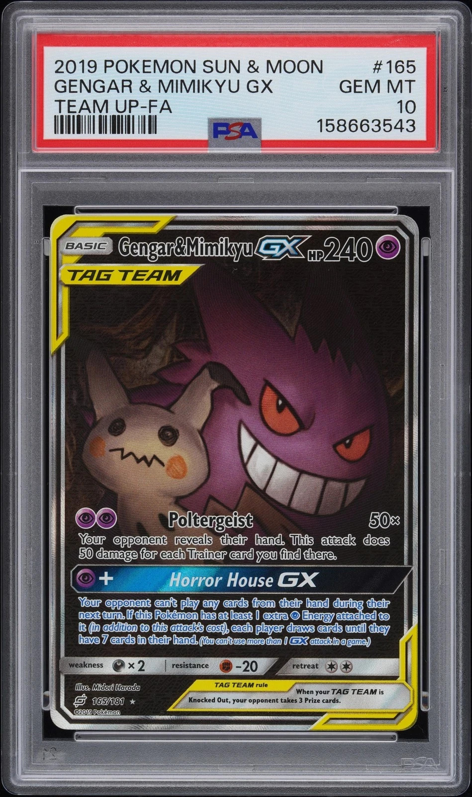 2019 POKEMON SUN & MOON TEAM UP #165 FULL ART/GENGAR & MIMIKYU GX PSA 10