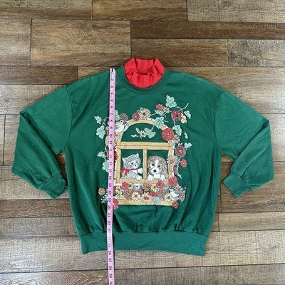 90s VTG Basic Editions Green Cat Graphic Sweatshirt Size L USA Made Cottagecore