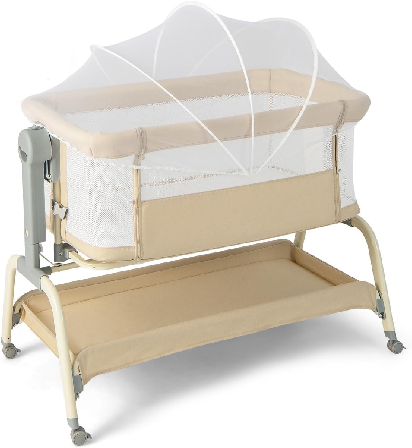4-in-1 Baby Bedside Crib with Adjustable Height, Mosquito Net & Storage Beige