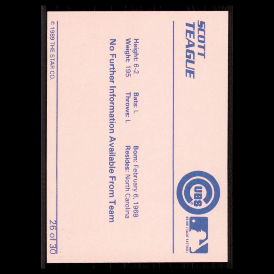 Scott Teague #26 1989 Star Minor league Wytheville Cubs Baseball Card MLB NM - Image 2 of 3