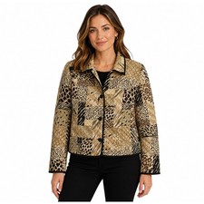Coldwater Creek 100 Silk Quilted Animal Print Tan Patchwork Jacket Size 12