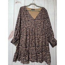 Lulus Leopard Print Chiffon Babydoll Dress Brown Black Long Sleeve V-Neck Large