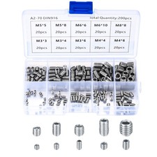 200 Pcs Grub Screws Mixed Stainless Steel Cone Point Screws M3 M4 M5 M6 M8 Hex