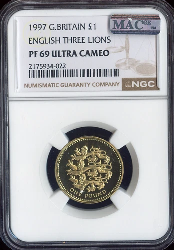 1997 GREAT BRITAIN 1 POUND THREE LIONS NGC PF69 ULTRA CAMEO MAC SPOTLESS .