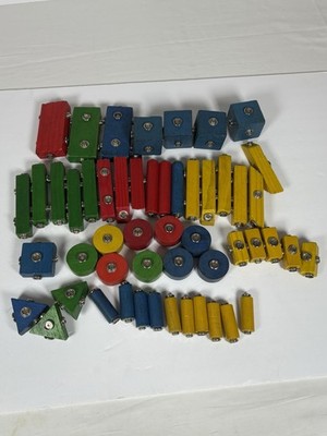 Vintage Blockfast Snap-N-Play Wooden Construction Toy Blocks Mixed Lot 52 Piece