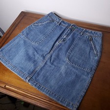 Eddie Bauer Denim Skirt Women 10 Blue A Line Knee Length Cotton Back Slit Jean