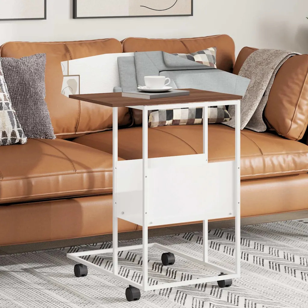 Vidaxl Side Table With Wheels White Engineered Wood Accent Tea Laptop Table - Image 2