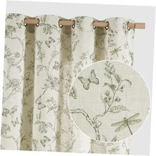 Linen Farmhouse Curtains Green Floral 50"W x 63"L Pack of 2 Grommet Green