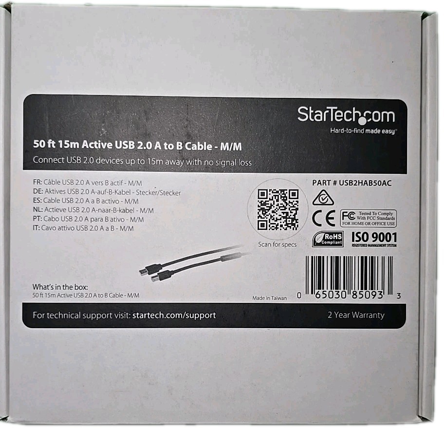 Cable USB 2.0 Activo de A a B de 15 m / 50 ft StarTech, macho/macho, USB2HAB50AC, *NUEVO En Caja*